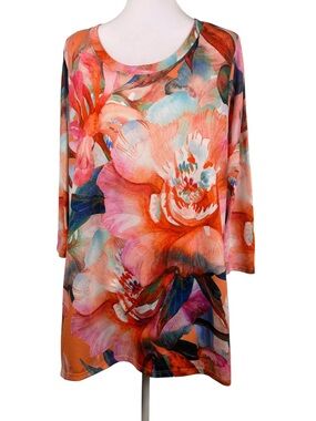 Soft Surroundings Vibrant Multicolor Floral Scoop Neck Tunic Top Size L Artistic